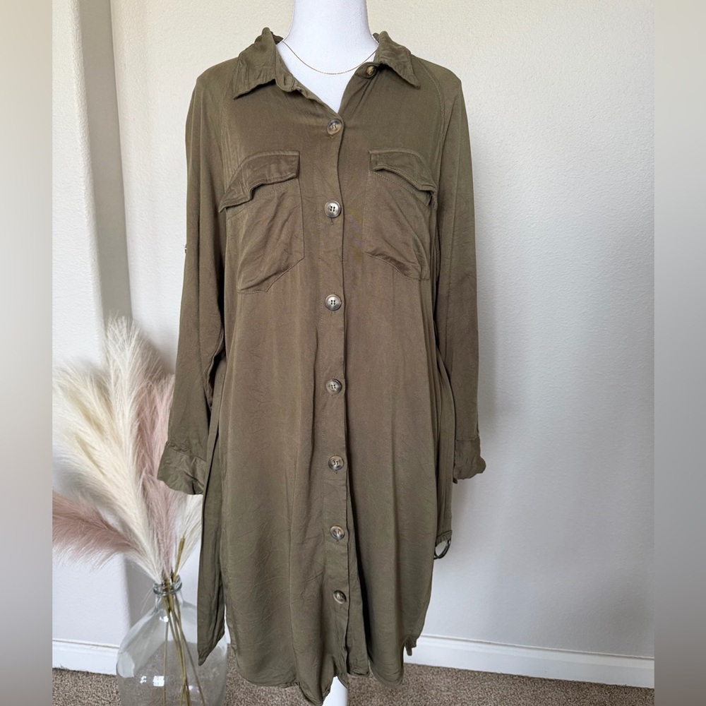 100% Cotton Olive Green Belted Shirt Dress - Picture 8 of 14